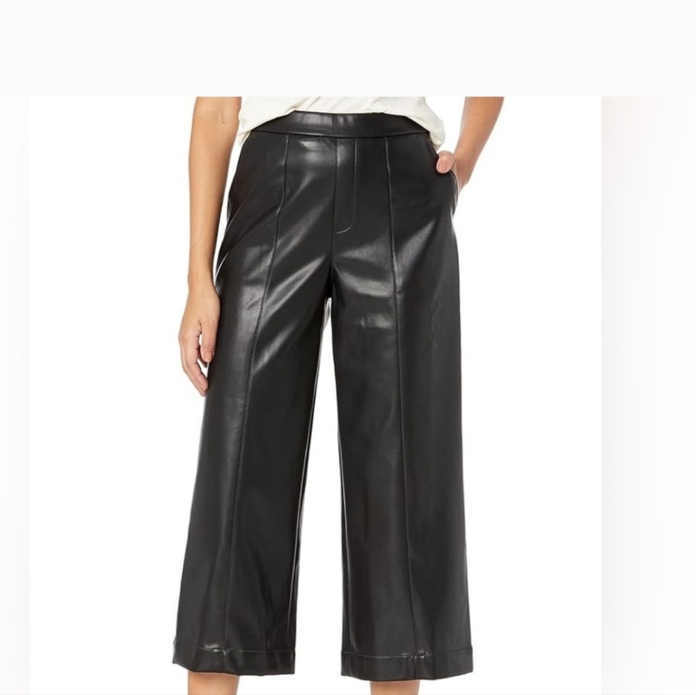 BCBG Black Faux Leather Cropped Wide-Leg Pants